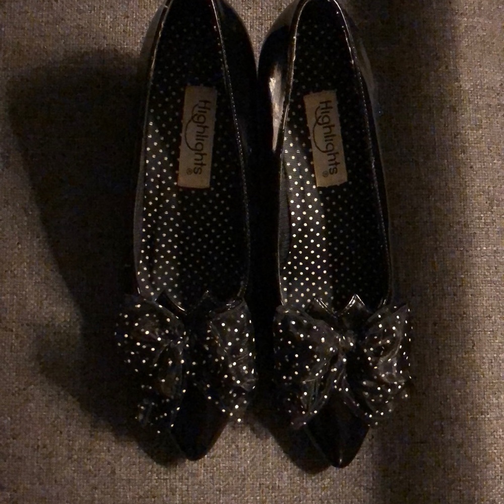 Black heels with black bow with white Polk dots